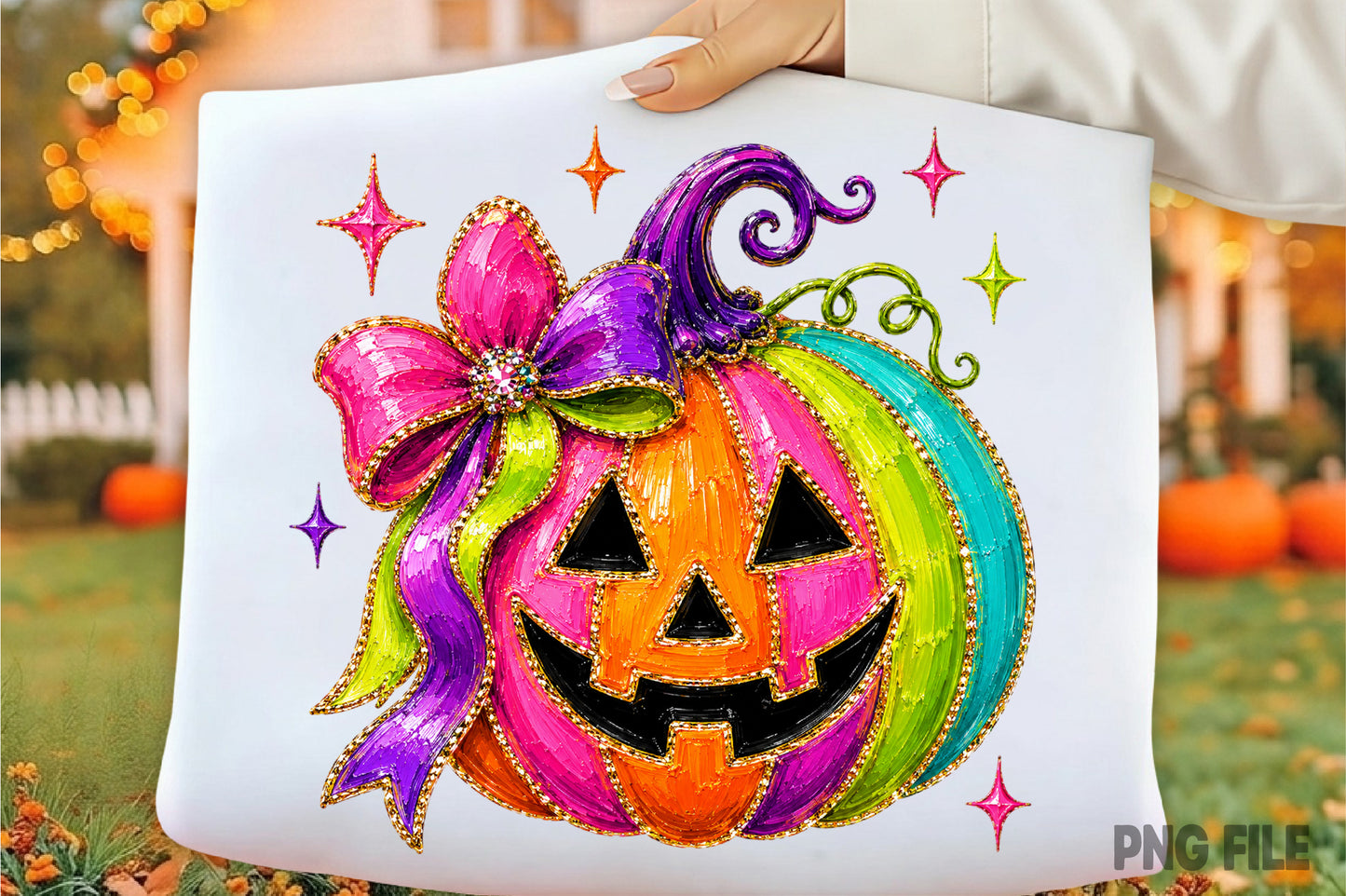 Colorful Halloween Pumpkin Coquette Bow PNG | Cute Jack O Lantern Pumpkin Floral Bow Spooky Fall Sublimation Design