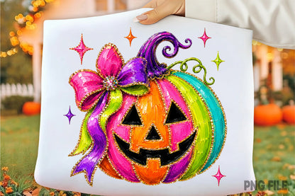 Colorful Halloween Pumpkin Coquette Bow PNG | Cute Jack O Lantern Pumpkin Floral Bow Spooky Fall Sublimation Design