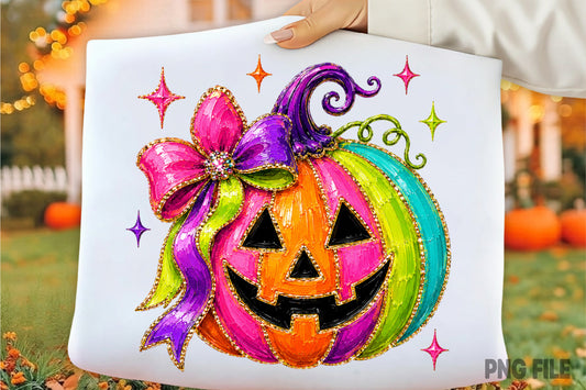 Colorful Halloween Pumpkin Coquette Bow PNG | Cute Jack O Lantern Pumpkin Floral Bow Spooky Fall Sublimation Design