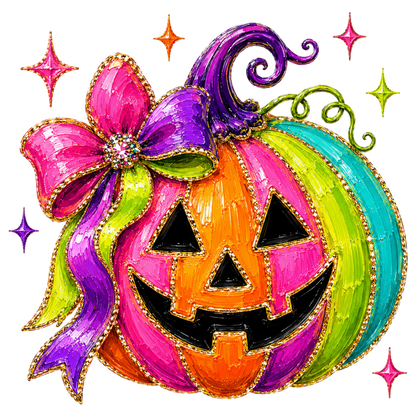 Colorful Halloween Pumpkin Coquette Bow PNG | Cute Jack O Lantern Pumpkin Floral Bow Spooky Fall Sublimation Design