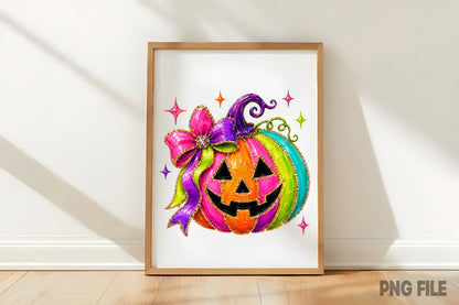 Colorful Halloween Pumpkin Coquette Bow PNG | Cute Jack O Lantern Pumpkin Floral Bow Spooky Fall Sublimation Design
