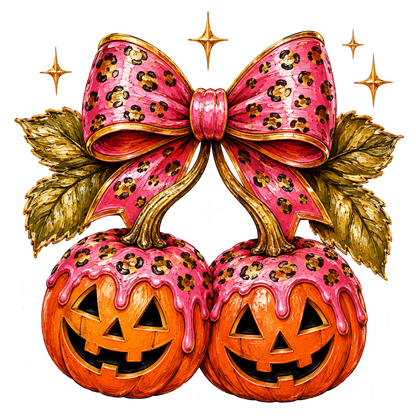 Halloween Pumpkin Coquette PNG | Pink Leopard Bow Pumpkin Jack O Lantern Clipart | Girly Spooky Halloween Sublimation Design