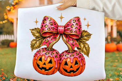 Halloween Pumpkin Coquette PNG | Pink Leopard Bow Pumpkin Jack O Lantern Clipart | Girly Spooky Halloween Sublimation Design