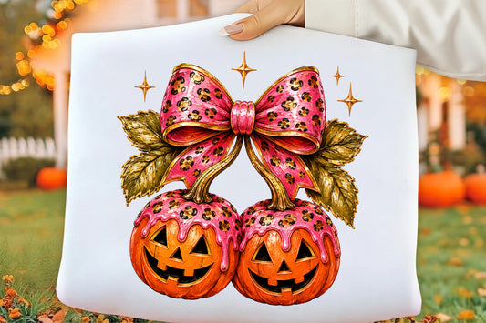 Halloween Pumpkin Coquette PNG | Pink Leopard Bow Pumpkin Jack O Lantern Clipart | Girly Spooky Halloween Sublimation Design