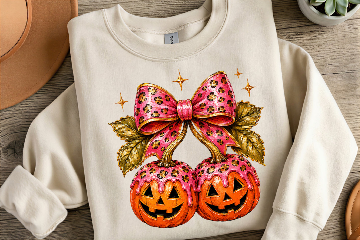 Halloween Pumpkin Coquette PNG | Pink Leopard Bow Pumpkin Jack O Lantern Clipart | Girly Spooky Halloween Sublimation Design