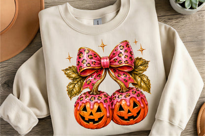 Halloween Pumpkin Coquette PNG | Pink Leopard Bow Pumpkin Jack O Lantern Clipart | Girly Spooky Halloween Sublimation Design