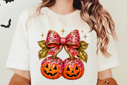 Halloween Pumpkin Coquette PNG | Pink Leopard Bow Pumpkin Jack O Lantern Clipart | Girly Spooky Halloween Sublimation Design
