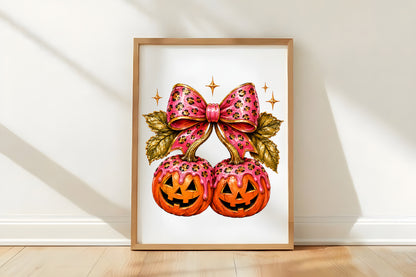 Halloween Pumpkin Coquette PNG | Pink Leopard Bow Pumpkin Jack O Lantern Clipart | Girly Spooky Halloween Sublimation Design