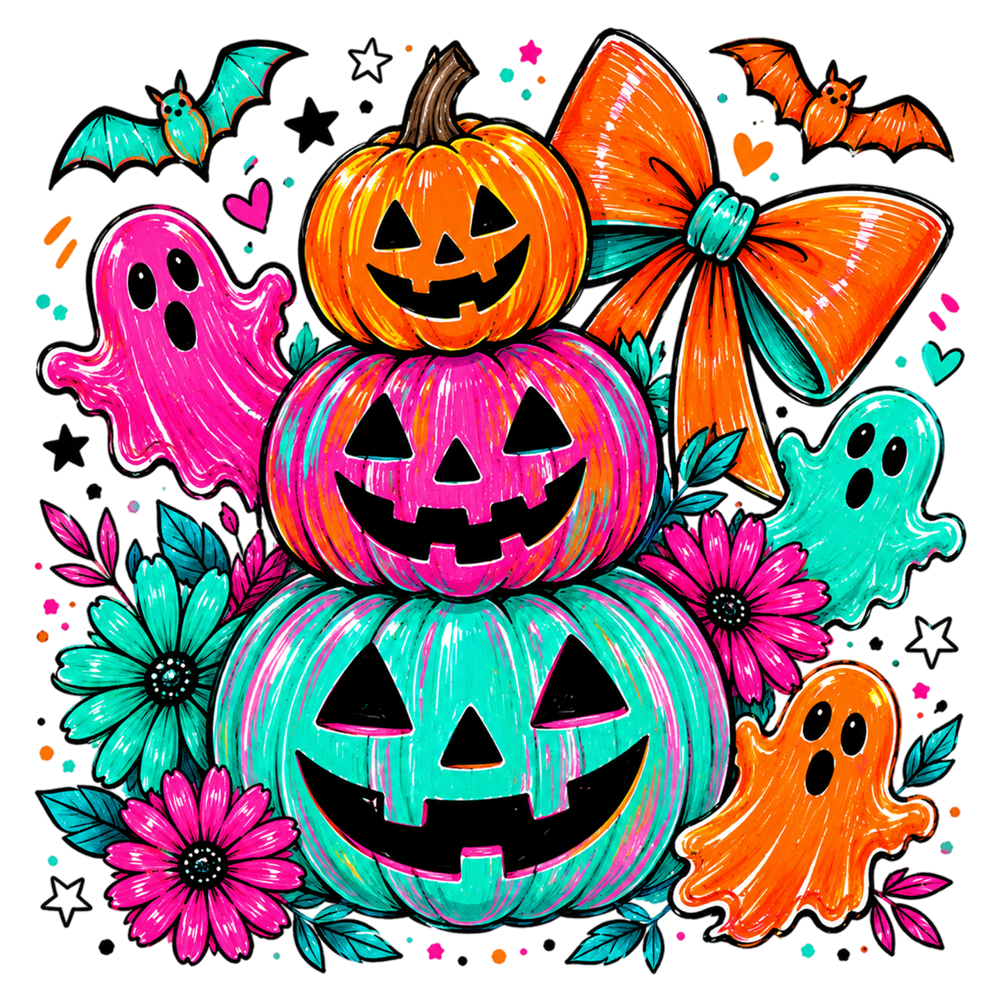 Halloween Pumpkin Ghost PNG | Colorful Jack O Lantern Ghost Bat Bow Floral Clipart | Cute Spooky Halloween Sublimation Design