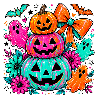 Halloween Pumpkin Ghost PNG | Colorful Jack O Lantern Ghost Bat Bow Floral Clipart | Cute Spooky Halloween Sublimation Design