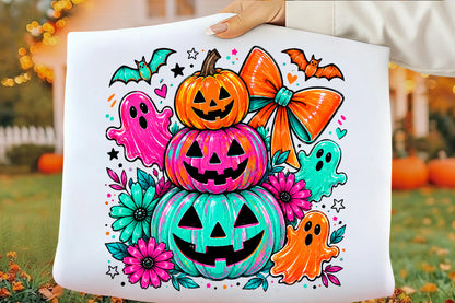 Halloween Pumpkin Ghost PNG | Colorful Jack O Lantern Ghost Bat Bow Floral Clipart | Cute Spooky Halloween Sublimation Design