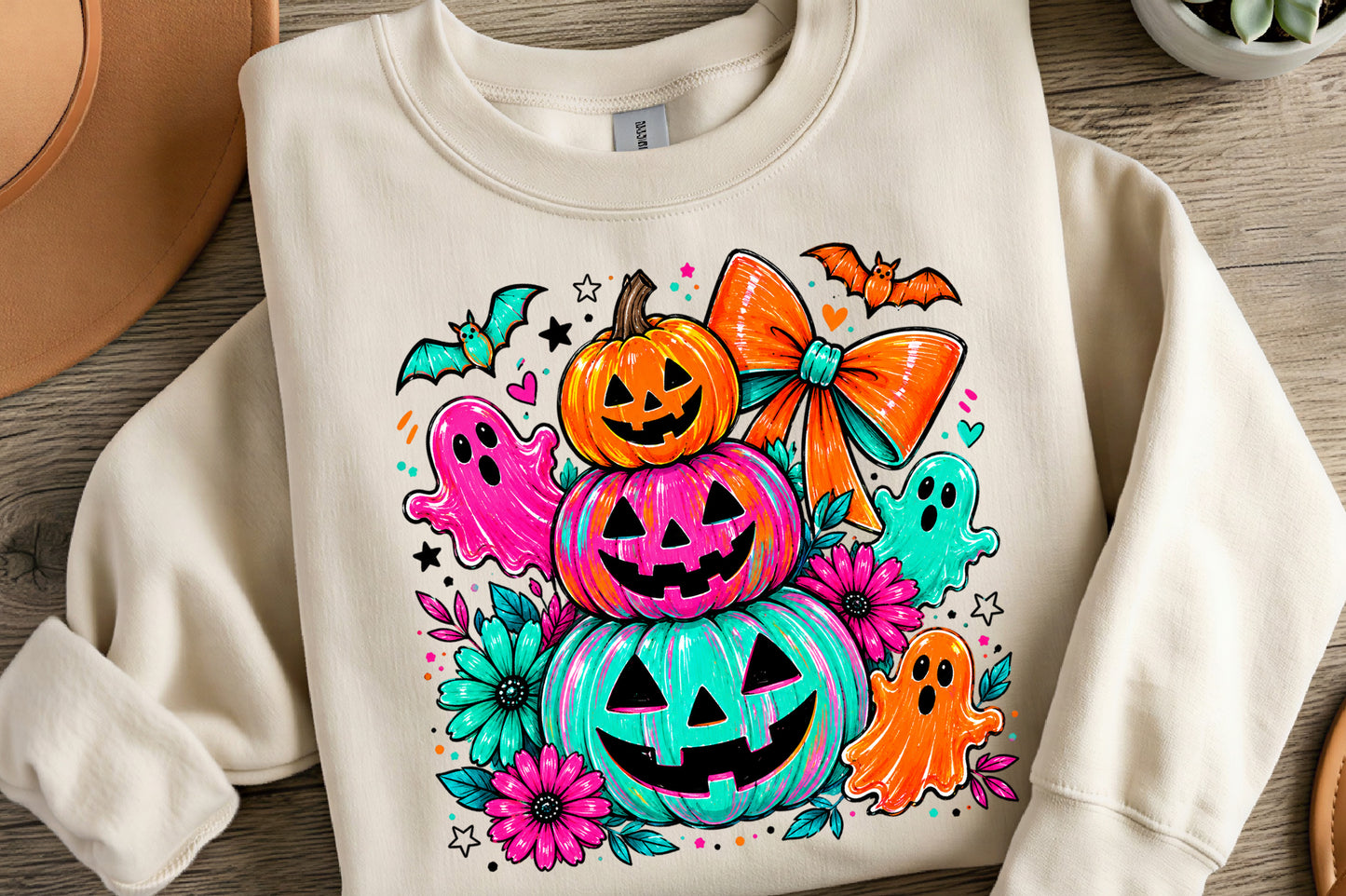 Halloween Pumpkin Ghost PNG | Colorful Jack O Lantern Ghost Bat Bow Floral Clipart | Cute Spooky Halloween Sublimation Design
