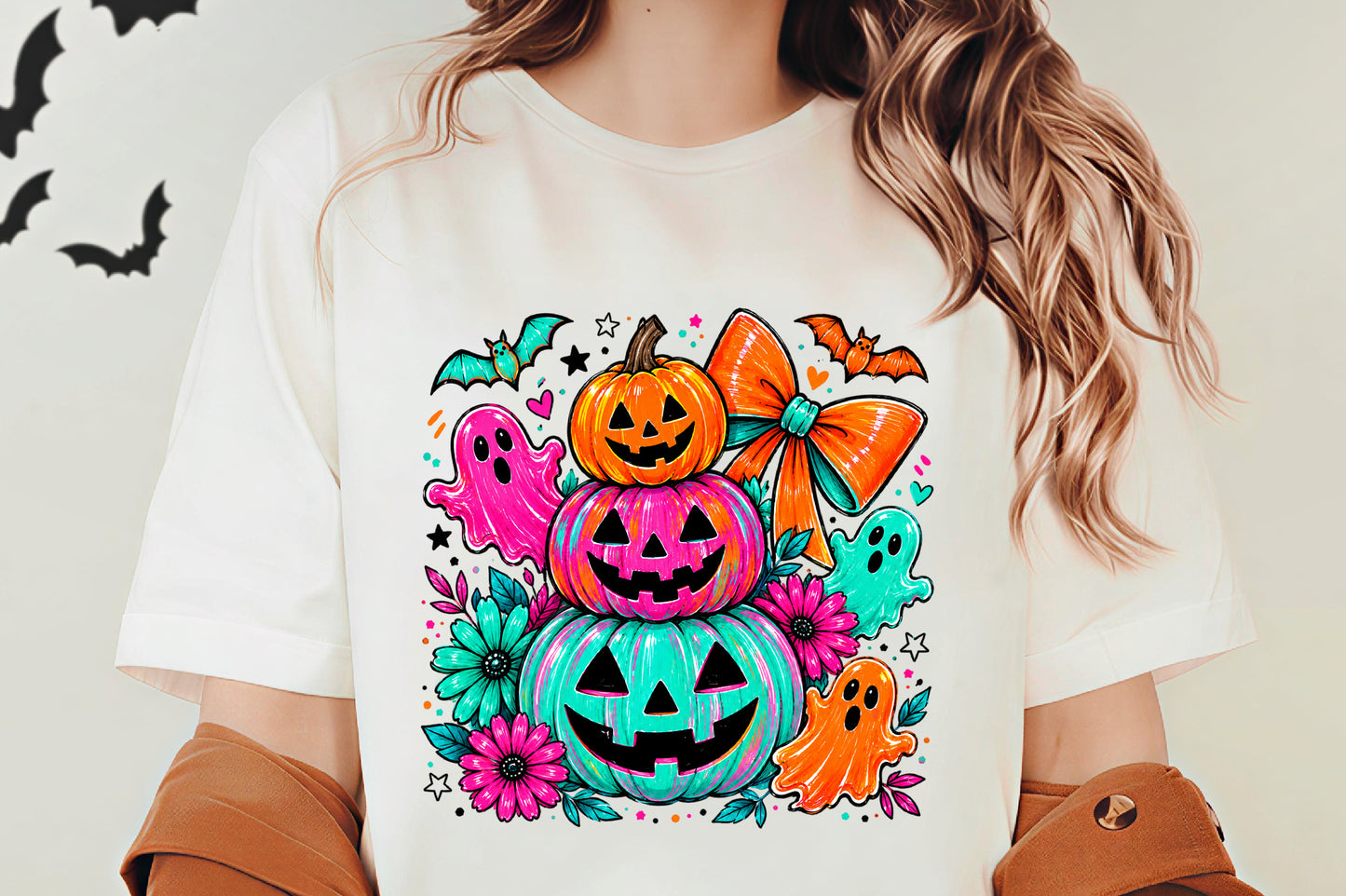 Halloween Pumpkin Ghost PNG | Colorful Jack O Lantern Ghost Bat Bow Floral Clipart | Cute Spooky Halloween Sublimation Design