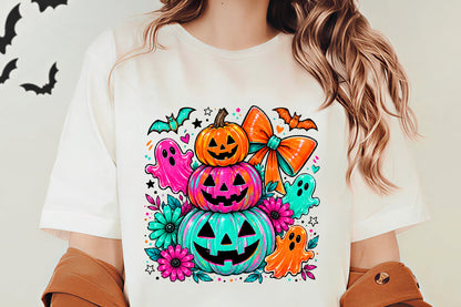 Halloween Pumpkin Ghost PNG | Colorful Jack O Lantern Ghost Bat Bow Floral Clipart | Cute Spooky Halloween Sublimation Design