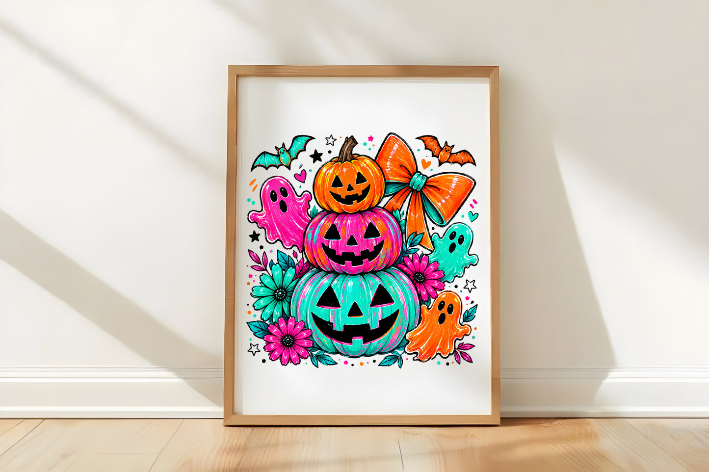 Halloween Pumpkin Ghost PNG | Colorful Jack O Lantern Ghost Bat Bow Floral Clipart | Cute Spooky Halloween Sublimation Design