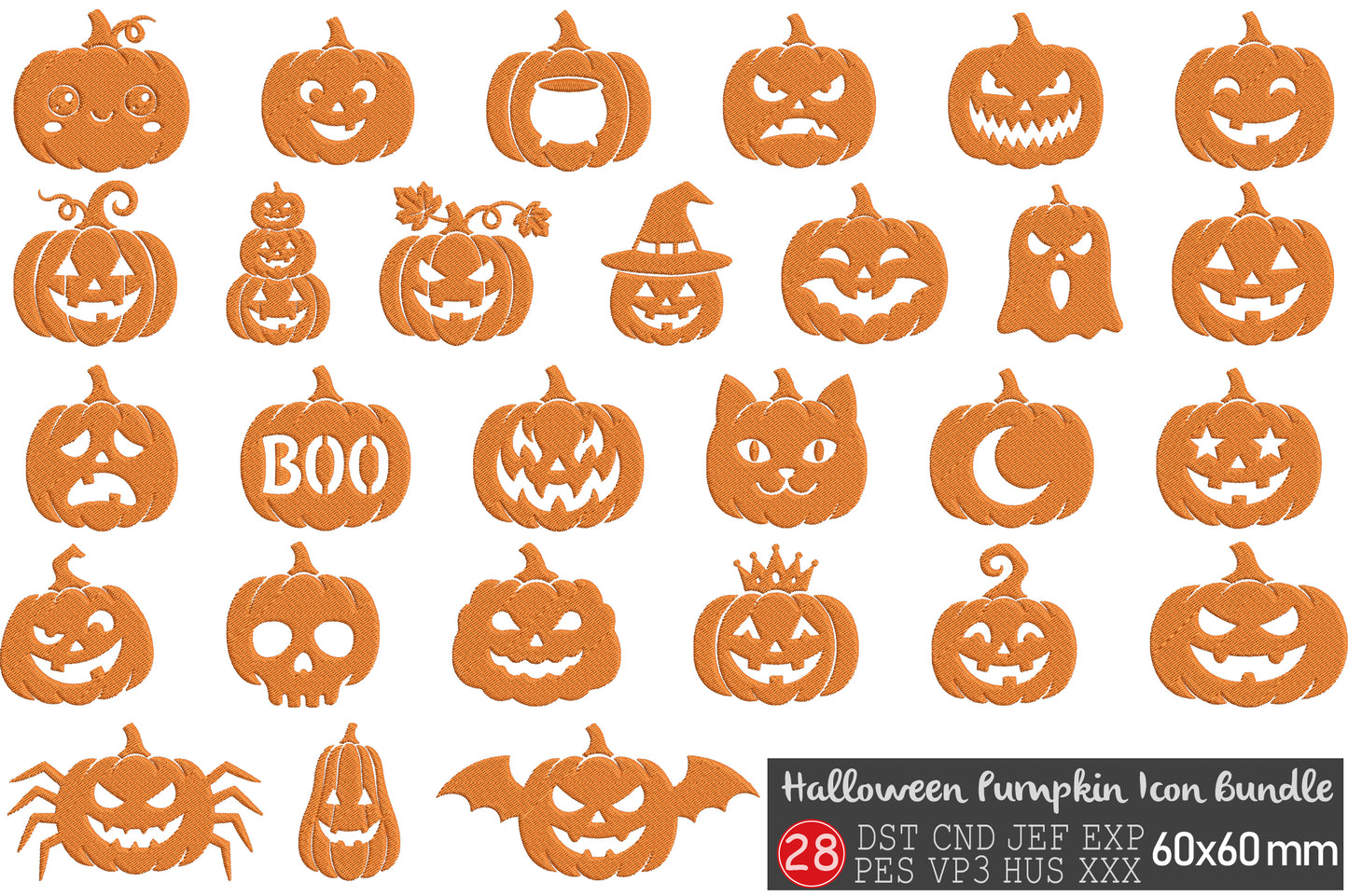 Halloween Pumpkin Icon Bundle – Cute Spooky Pumpkin Machine Embroidery Designs, Halloween Embroidery
