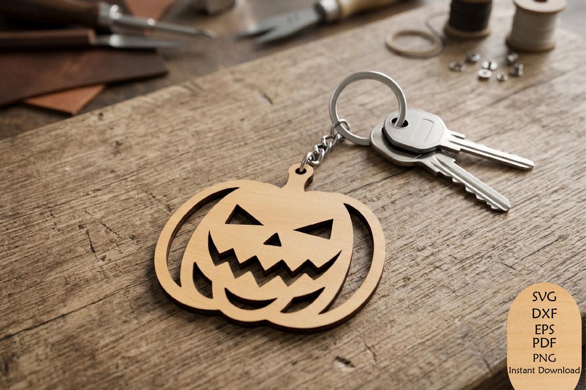 Halloween Pumpkin Keychain Laser Cut SVG, Jack O Lantern Keychain Cut File