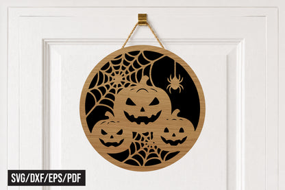 Halloween Pumpkin Spider Web Round Door Hanger SVG