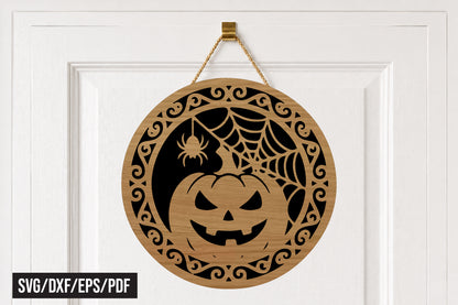 Halloween Pumpkin Spider Web Round Door Hanger SVG