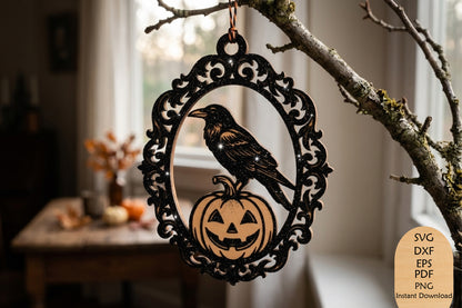 Halloween Raven & Pumpkin Frame Laser Cut SVG, Spooky Crow Halloween Ornament