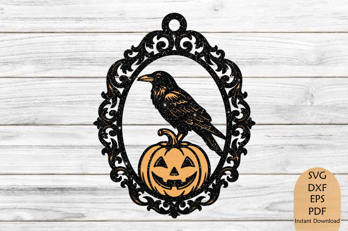 Halloween Raven & Pumpkin Frame Laser Cut SVG, Spooky Crow Halloween Ornament