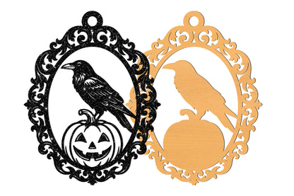 Halloween Raven & Pumpkin Frame Laser Cut SVG, Spooky Crow Halloween Ornament