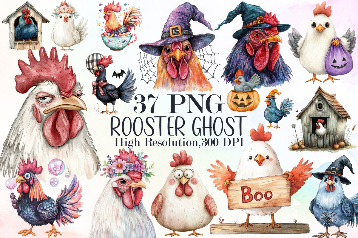 Halloween Rooster Ghost Clipart Cute Spooky PNG Bundle