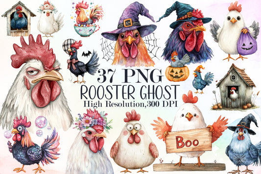 Halloween Rooster Ghost Clipart Cute Spooky PNG Bundle