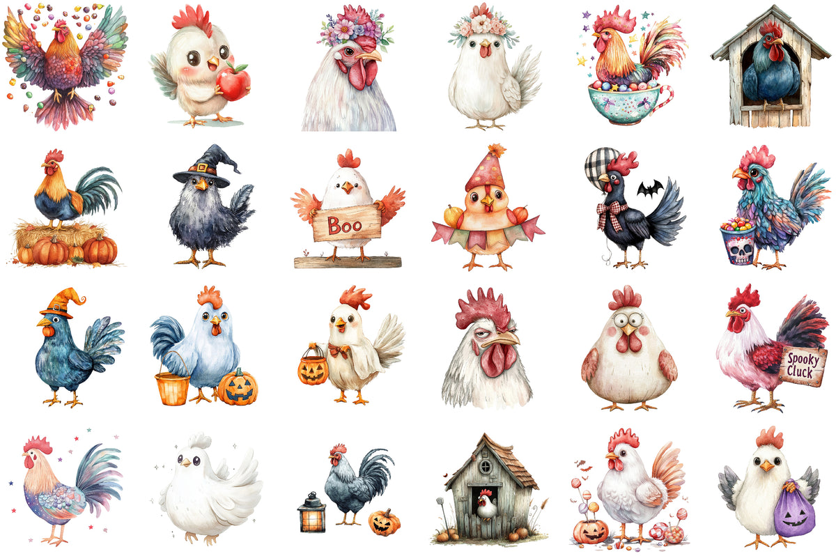Halloween Rooster Ghost Clipart Cute Spooky PNG Bundle