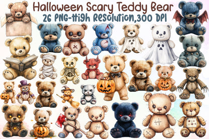 Halloween Scary Teddy Bear Clipart Spooky Cute PNG Bundle