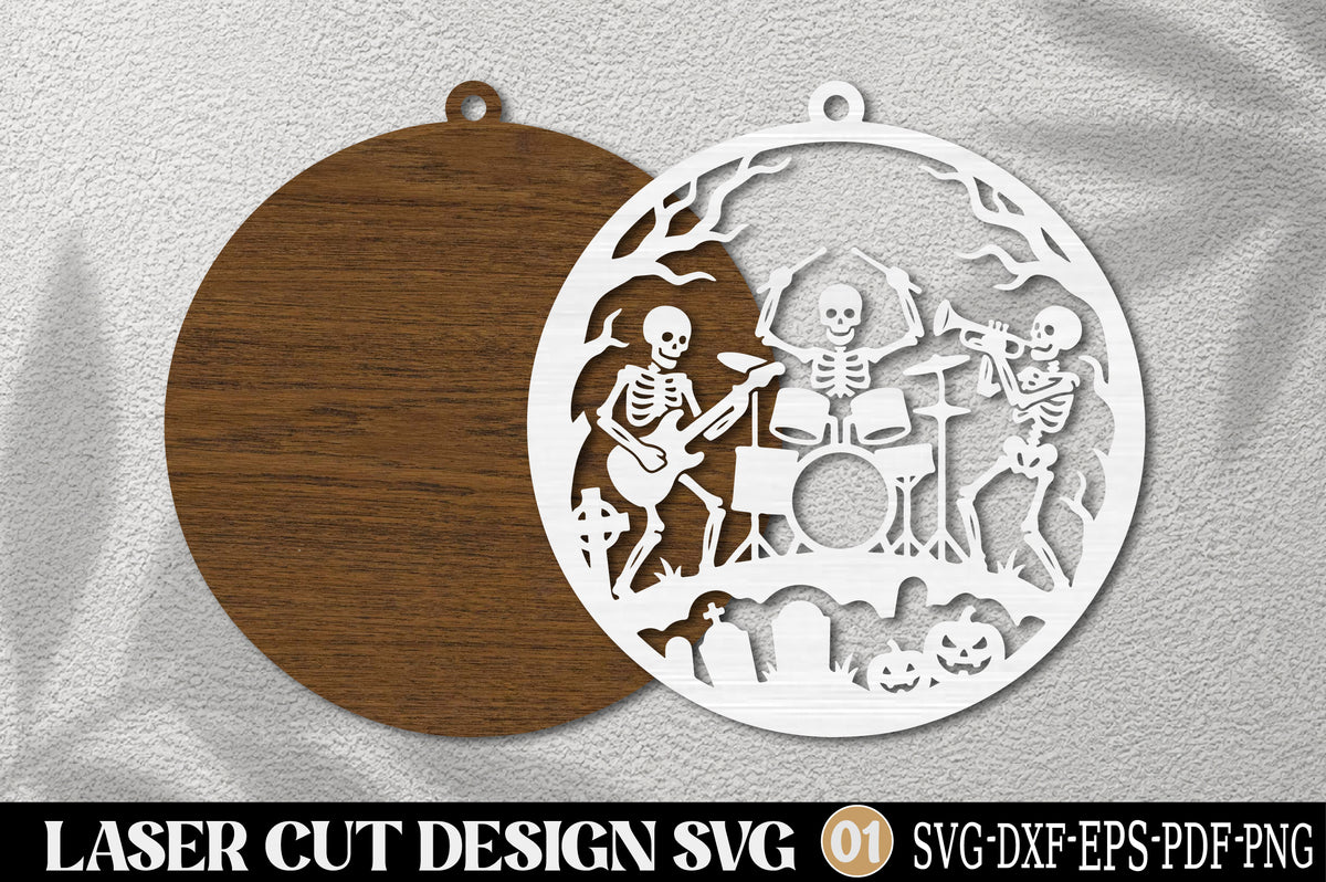 Halloween Skeleton Band Laser Cut SVG | Spooky Skeleton Music Halloween Ornament Design