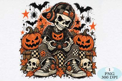 Halloween Skeleton Gamer Pumpkin PNG