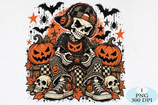 Halloween Skeleton Gamer Pumpkin PNG
