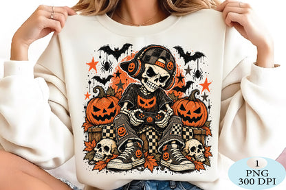 Halloween Skeleton Gamer Pumpkin PNG