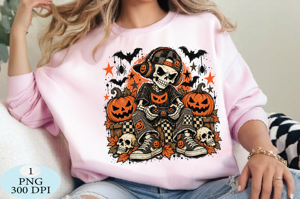 Halloween Skeleton Gamer Pumpkin PNG