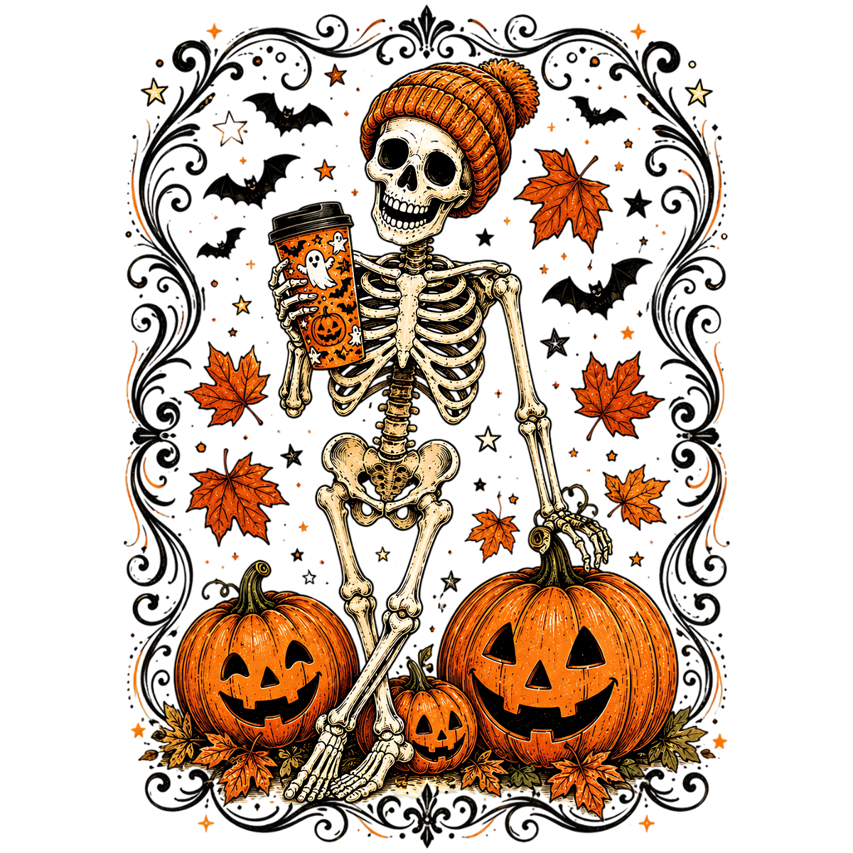 Halloween Skeleton PNG Pumpkin Coffee Spooky Design