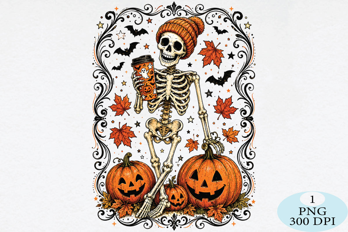 Halloween Skeleton PNG Pumpkin Coffee Spooky Design