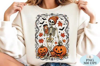 Halloween Skeleton PNG Pumpkin Coffee Spooky Design