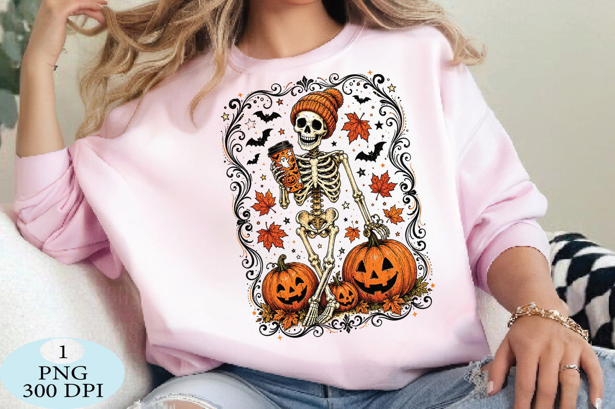 Halloween Skeleton PNG Pumpkin Coffee Spooky Design