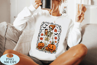Halloween Skeleton PNG Pumpkin Coffee Spooky Design