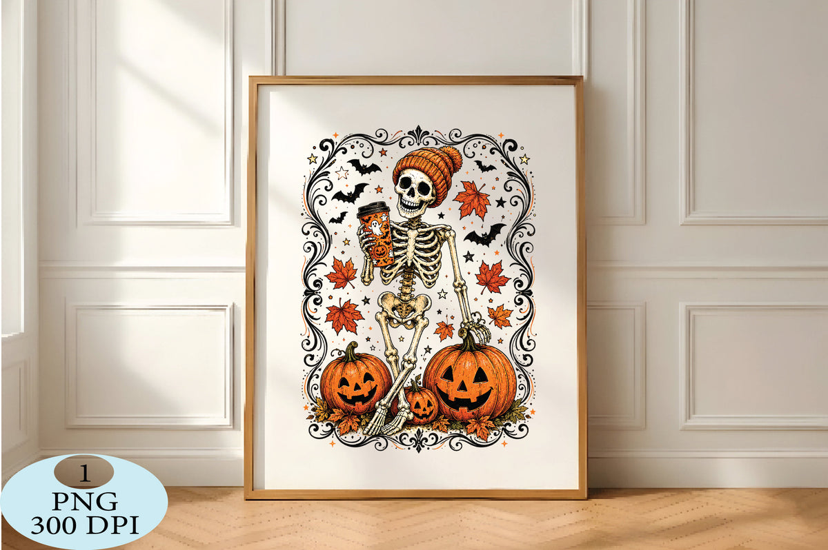 Halloween Skeleton PNG Pumpkin Coffee Spooky Design
