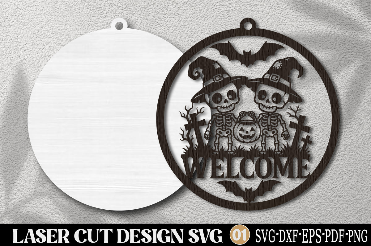 Halloween Skeleton Welcome Laser Cut SVG | Spooky Skeleton Pumpkin Sign