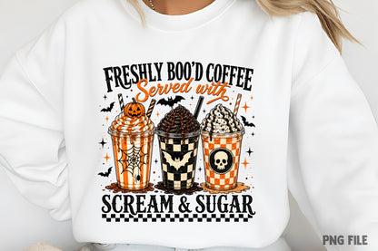 Halloween Spooky Coffee PNG | Freshly Boo'd Coffee Served with Scream & Sugar, Cute Halloween Coffee Sublimation Design