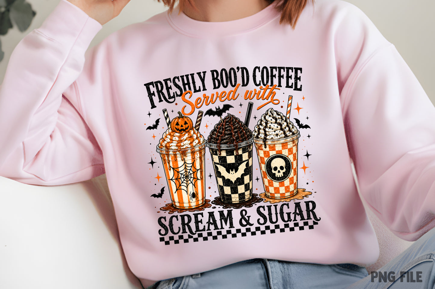 Halloween Spooky Coffee PNG | Freshly Boo'd Coffee Served with Scream & Sugar, Cute Halloween Coffee Sublimation Design