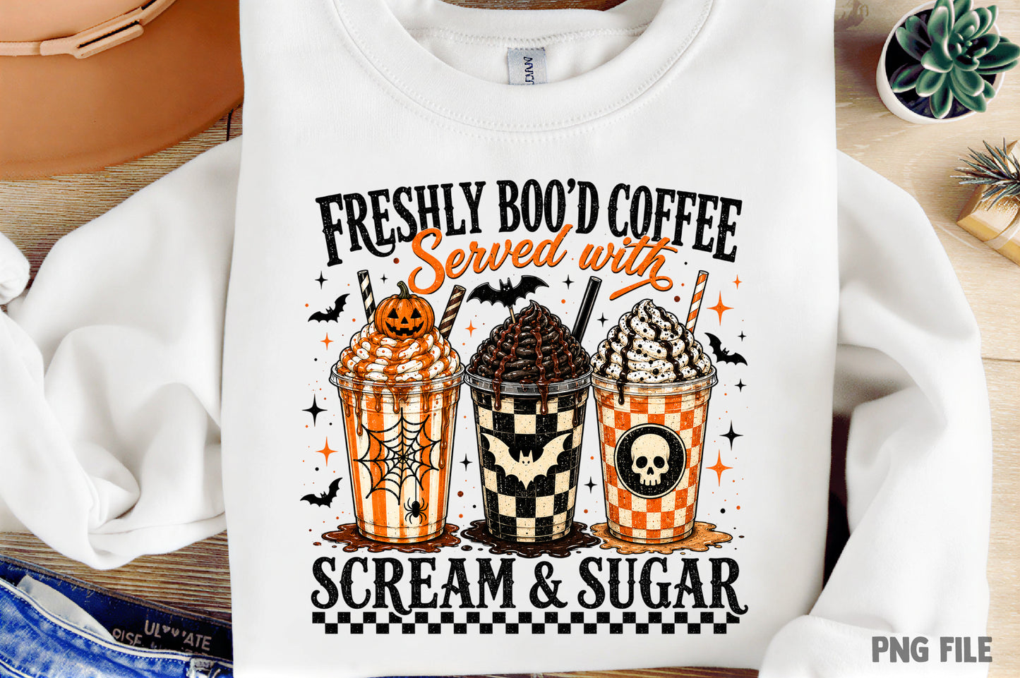 Halloween Spooky Coffee PNG | Freshly Boo'd Coffee Served with Scream & Sugar, Cute Halloween Coffee Sublimation Design