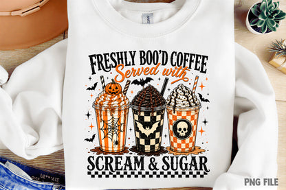 Halloween Spooky Coffee PNG | Freshly Boo'd Coffee Served with Scream & Sugar, Cute Halloween Coffee Sublimation Design