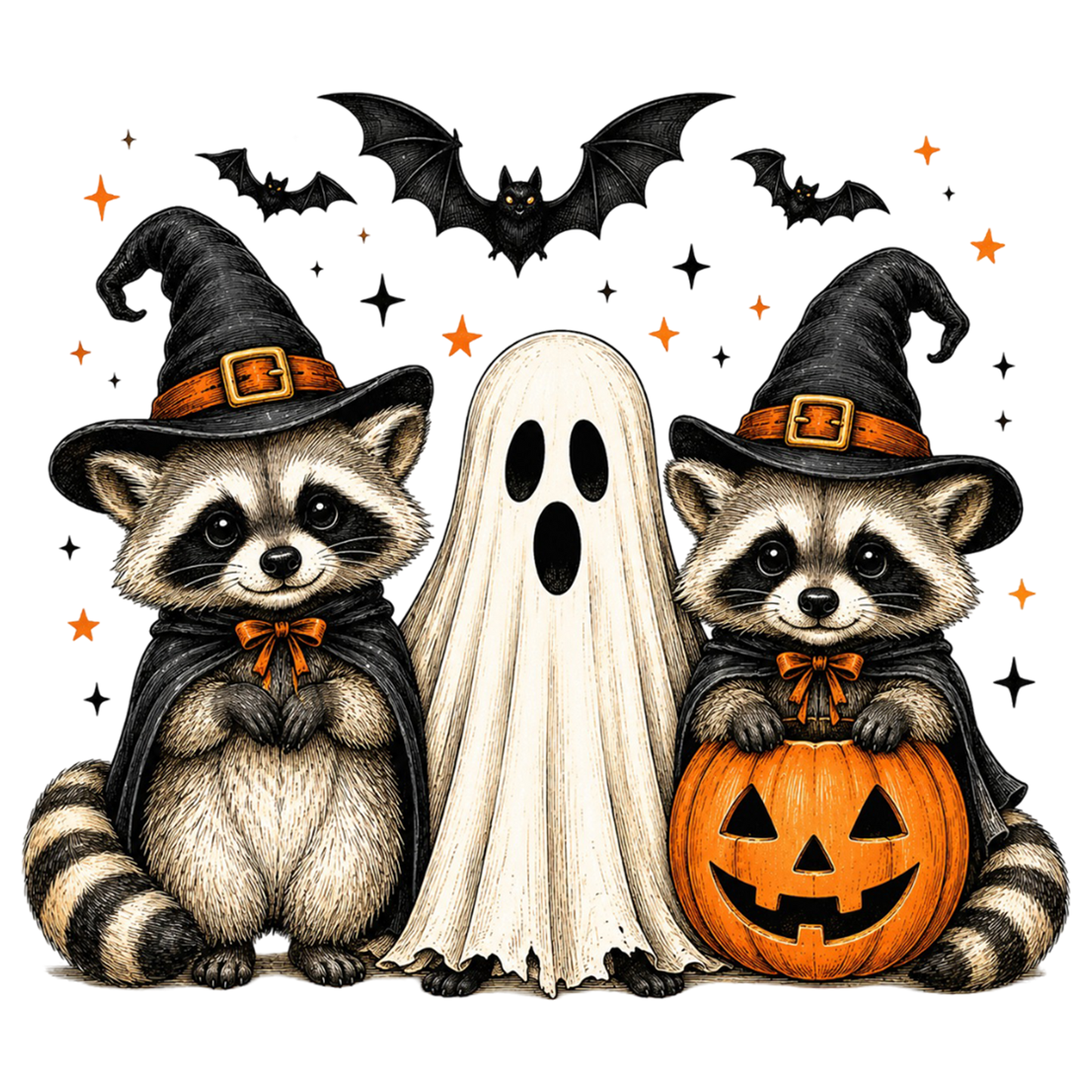 Halloween Raccoon PNG | Spooky Cute Raccoon Witch Ghost Clipart, Pumpkin & Bat Halloween Sublimation Design