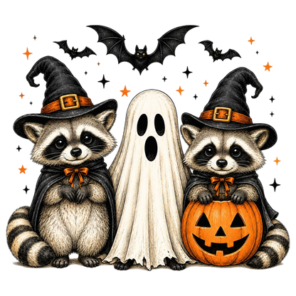 Halloween Raccoon PNG | Spooky Cute Raccoon Witch Ghost Clipart, Pumpkin & Bat Halloween Sublimation Design