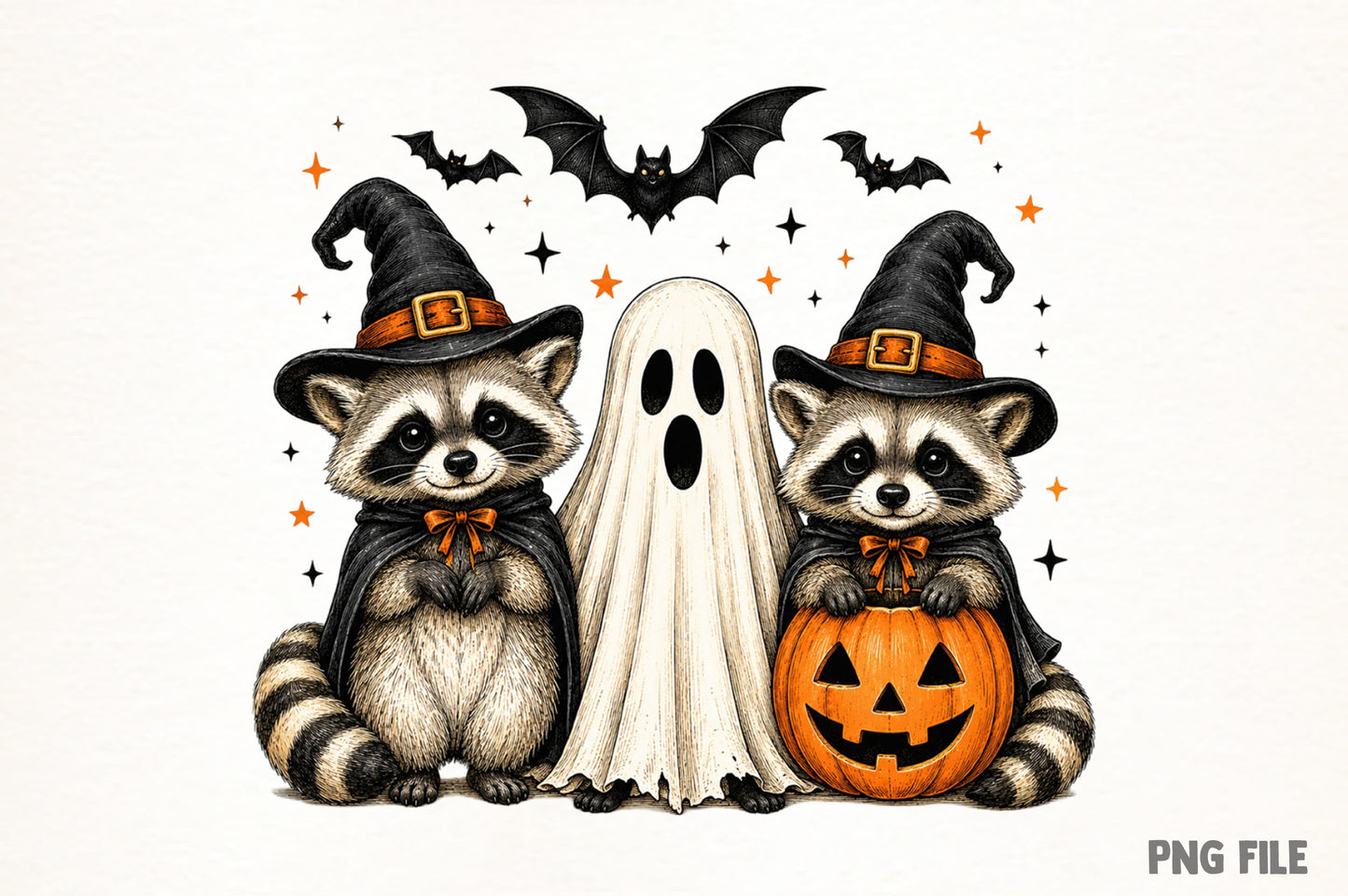 Halloween Raccoon PNG | Spooky Cute Raccoon Witch Ghost Clipart, Pumpkin & Bat Halloween Sublimation Design