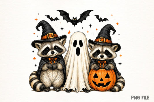 Halloween Raccoon PNG | Spooky Cute Raccoon Witch Ghost Clipart, Pumpkin & Bat Halloween Sublimation Design